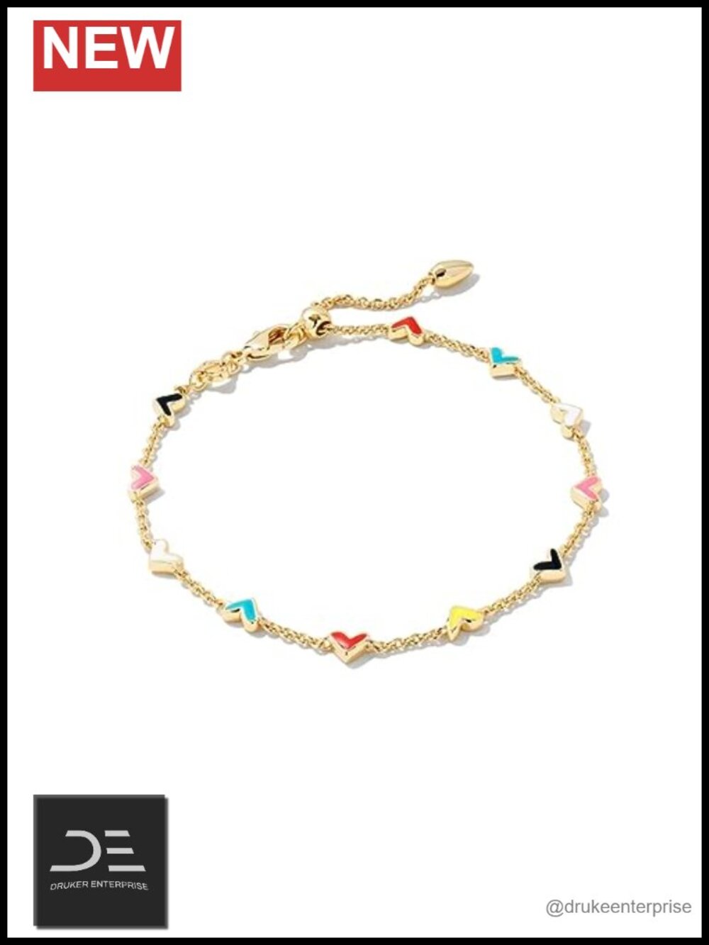 Multi Mix Hand Painted Heart Chain Bracelet 14K Gold Plated Brass